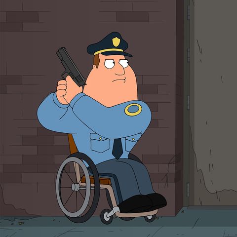 Cartoon drawing of a police officer in a wheelchair. He is holding a gun and looks ready to use it.