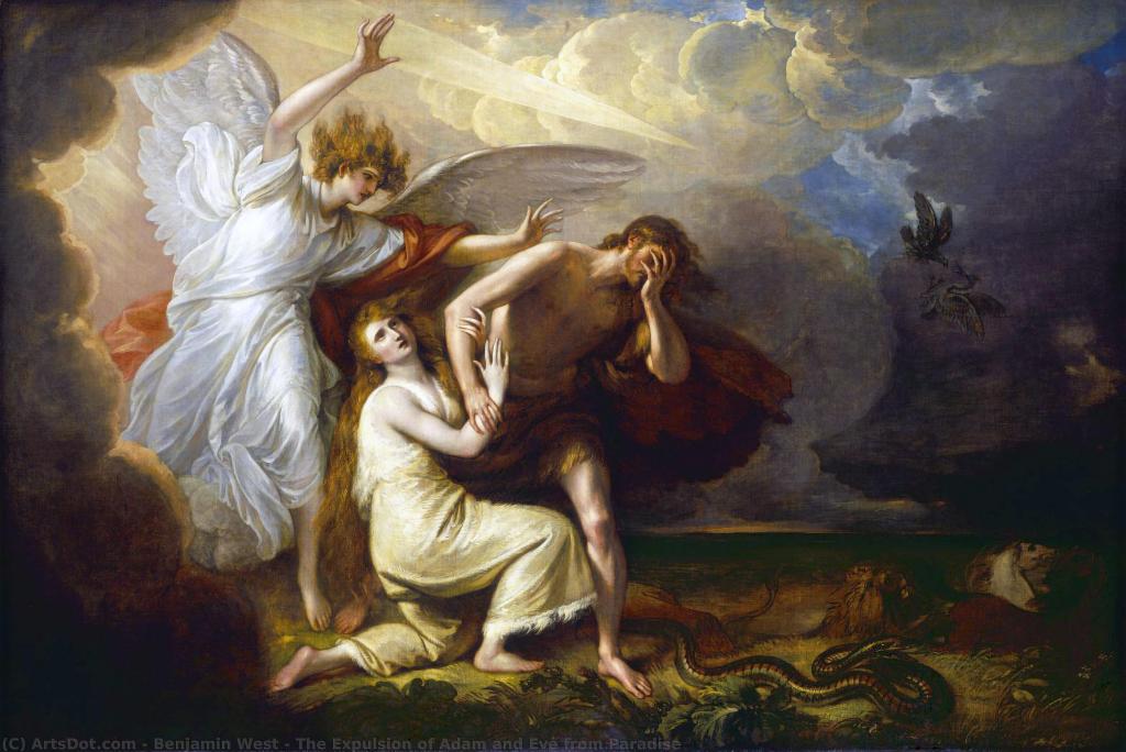 Two central figures are being pushed away bu a winged angel.