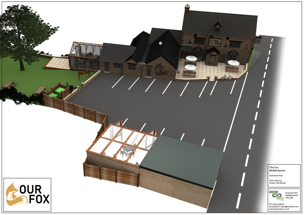 a computer generated aerial view of the pub with covered patio area and 'Foxhole' cafe