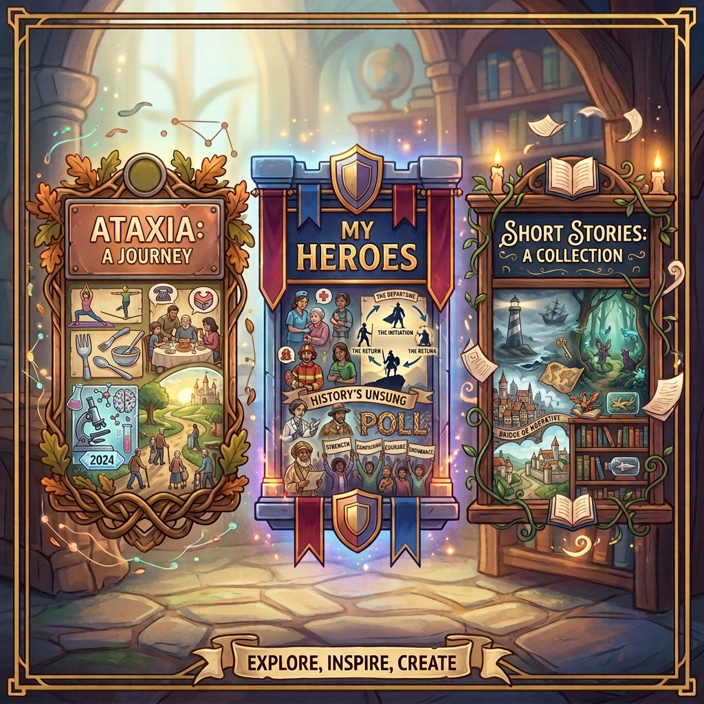 Decorative fantasy library board reading “ATAXIA: A JOURNEY,” “OUR HEROES,” “SHORT STORIES: A COLLECTION,” and “EXPLORE, INSPIRE, CREATE,” with sections for living with ataxia, supporting loved ones, research updates, everyday heroes, inspiration, mystery, forest secrets, two cities, and micro-fiction.